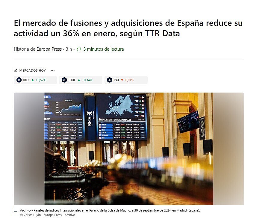 El mercado de fusiones y adquisiciones de Espaa reduce su actividad un 36% en enero, segn TTR Data